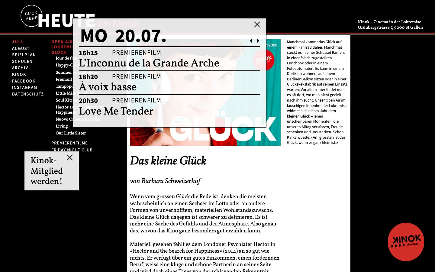 Homepage screenshot of Kinok – Cinema in der Lokremise