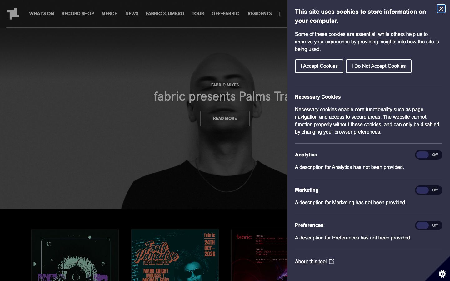 Homepage screenshot of fabric London
