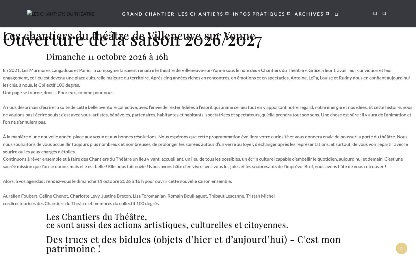 Homepage screenshot of LES CHANTIERS DU THÉÂTRE
