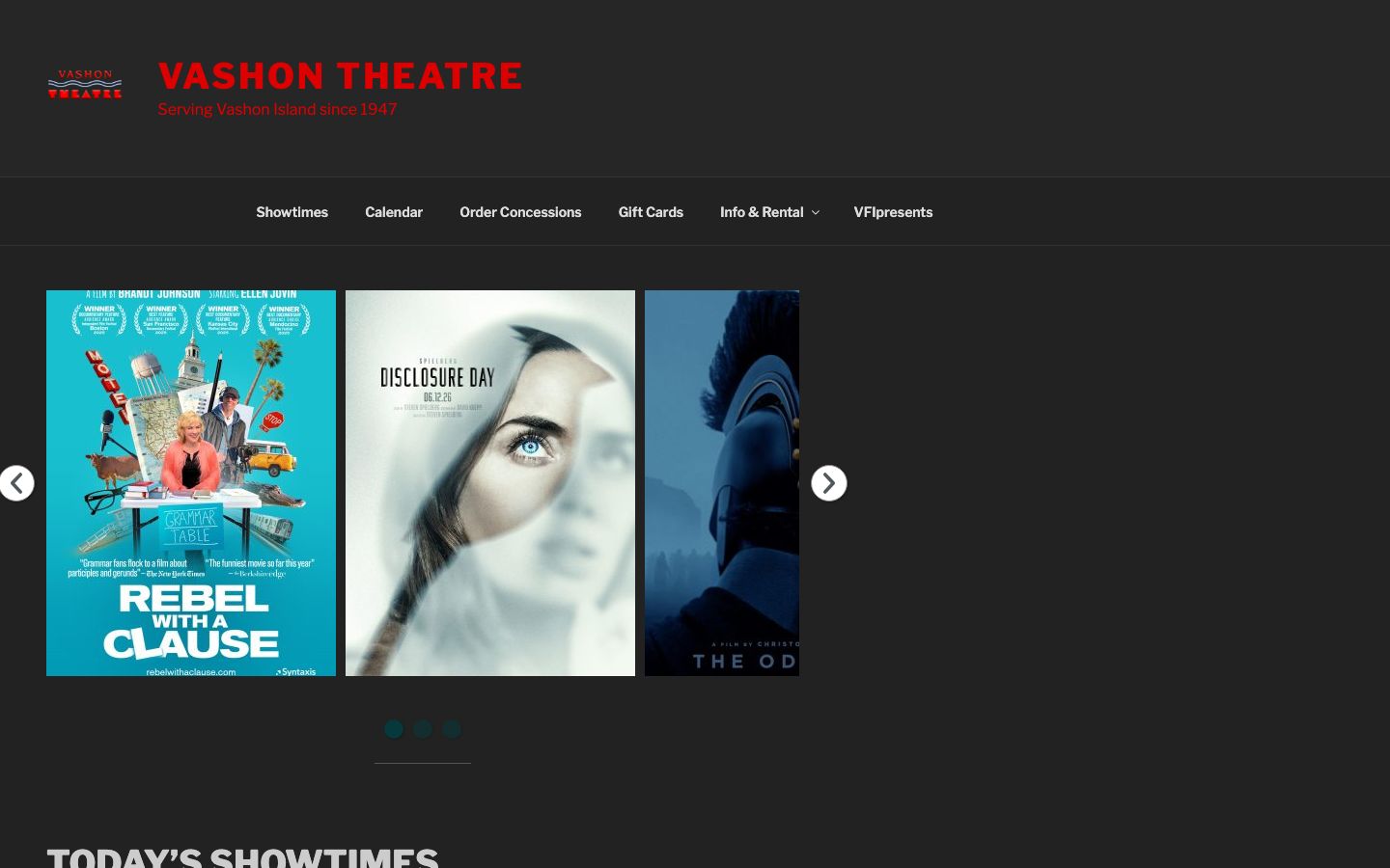 Homepage screenshot of Vashon Theatre