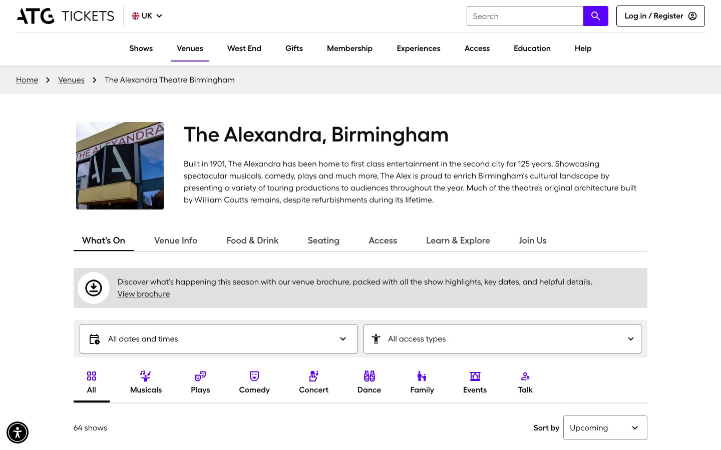Homepage screenshot of The Alexandra, Birmingham