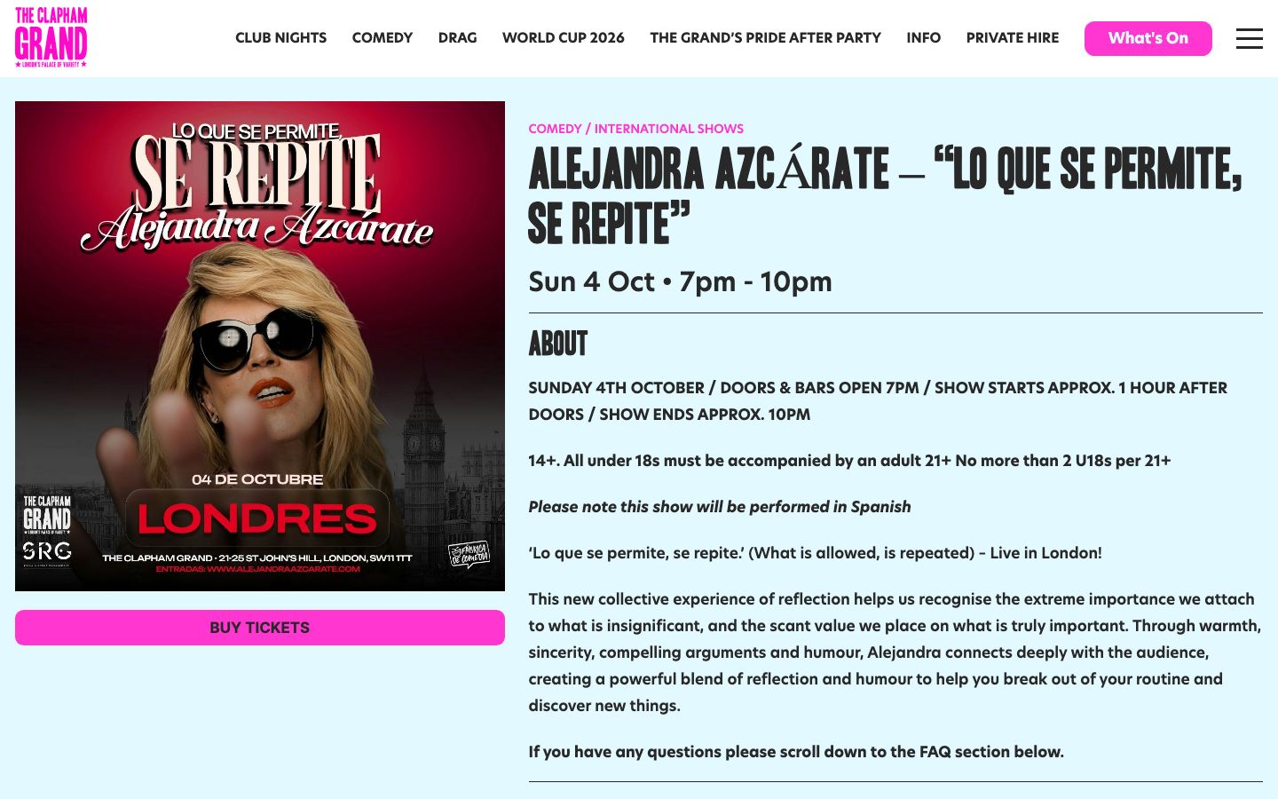 Event detail page screenshot of The Clapham Grand
