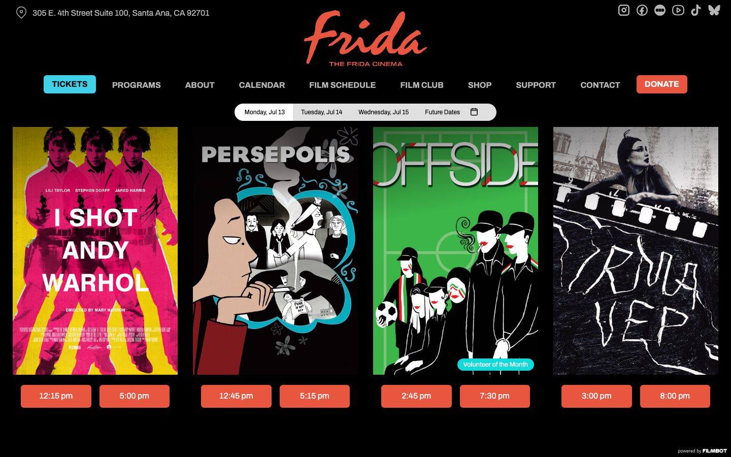 Homepage screenshot of The Frida Cinema