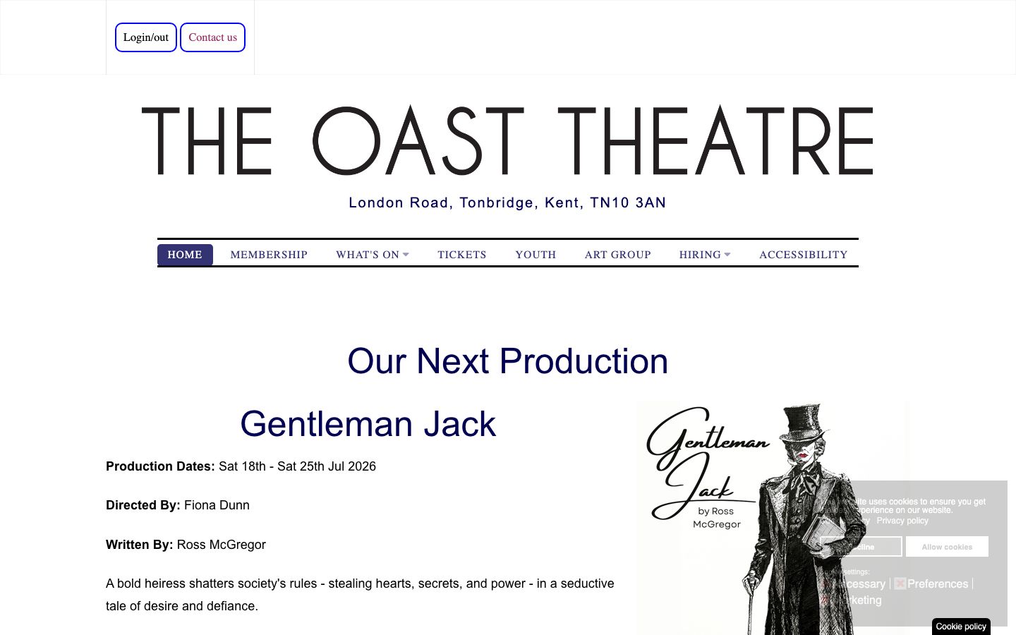Homepage screenshot of The Oast Theatre