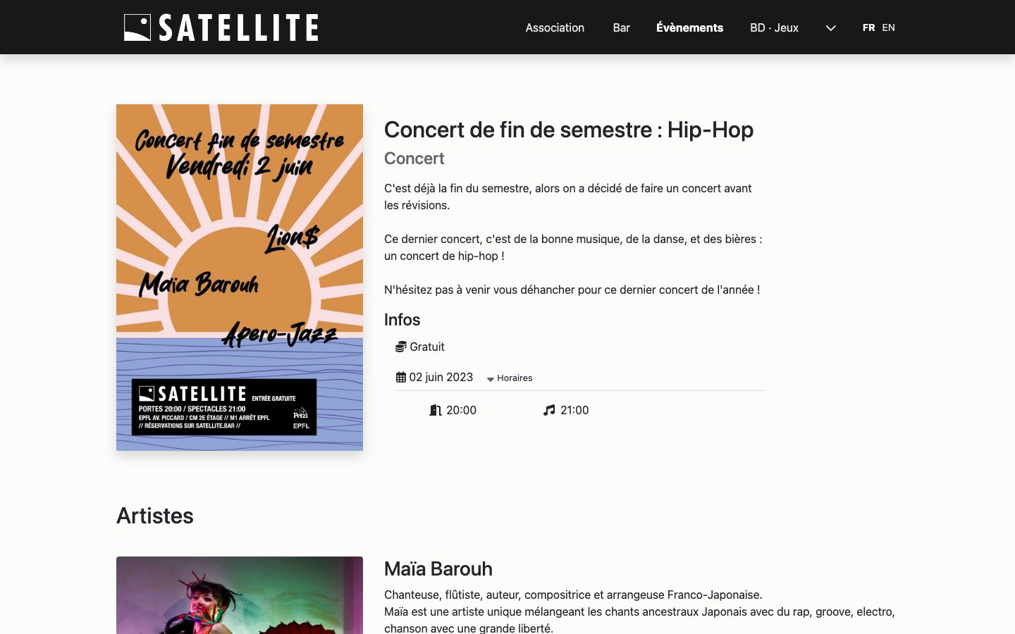 Event detail page screenshot of Satellite Association