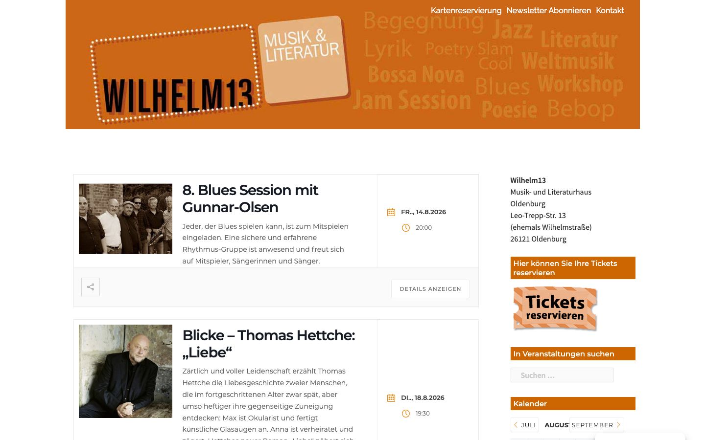 Homepage screenshot of Wilhelm13 – Musik und Literatur für Oldenburg