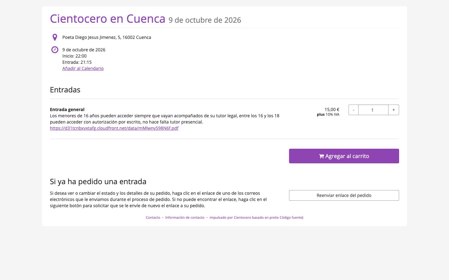 Event detail page screenshot of Sala Directo
